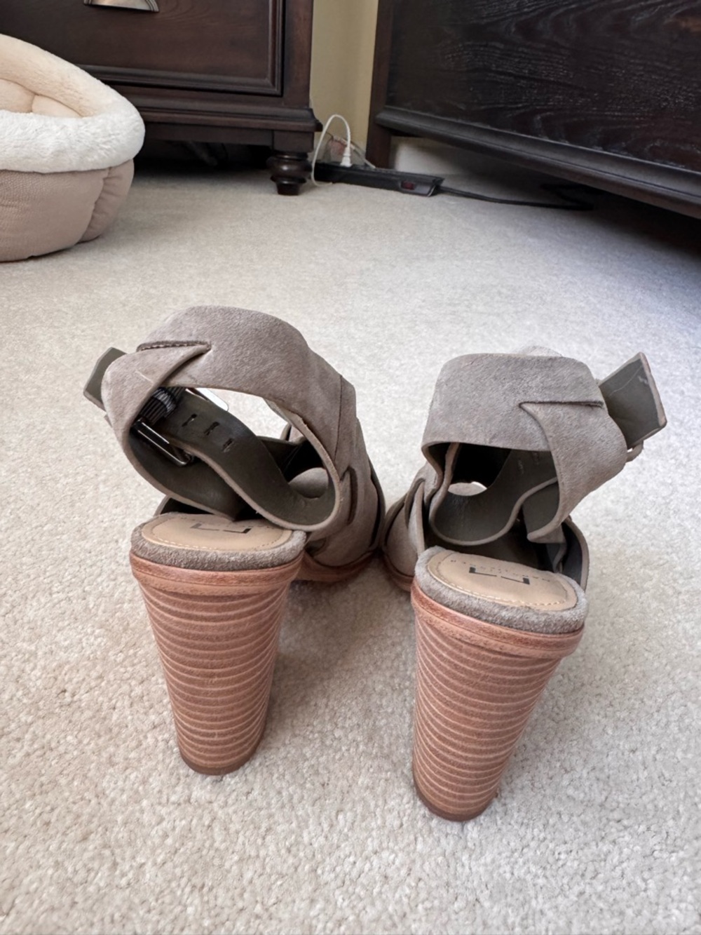 Marc Fisher Taupe Suede Crisscross Block Heel Sandals - Picture 4 of 5
